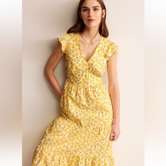 Boden May Cotton Midi Tea Dress Yellow Lemon Print Size 12R Vneck Cap Sleeve - Picture 3 of 13